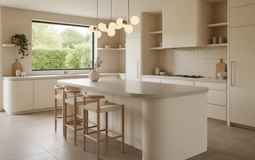 Modern kitchen with gently curved oval island in warm white lacquer with rounded edges and designer bar stools
