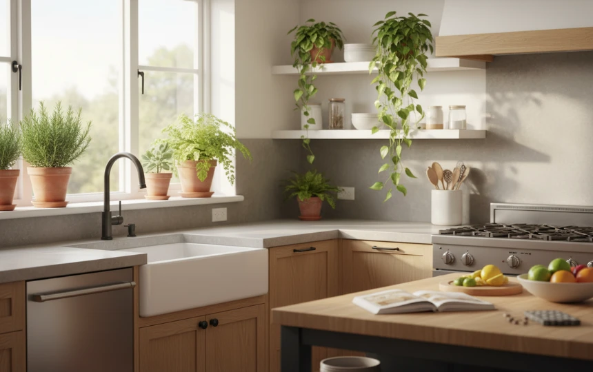Modern kitchen with herb garden on windowsill and trailing plants on floating shelves