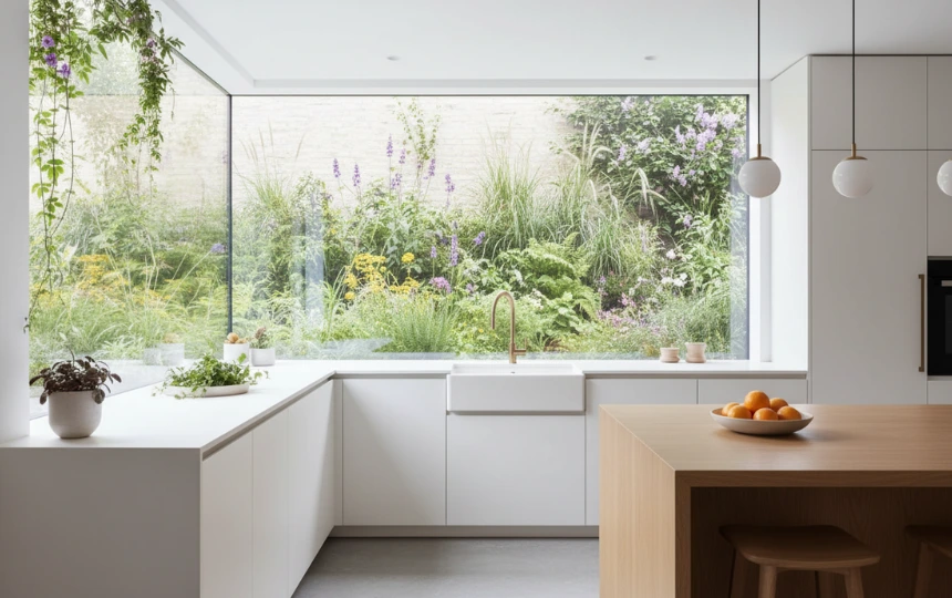 Modern kitchen with large picture window above sink framing lush garden view and flooding space with natural light