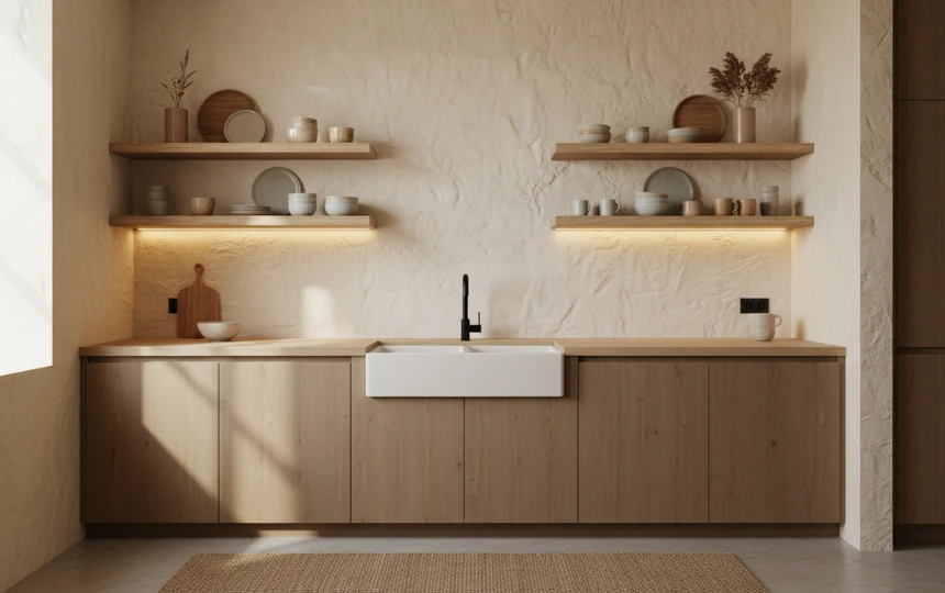 Modern kitchen with limewash plaster backsplash creating organic warm texture instead of tiles