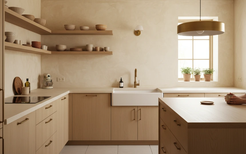 Modern kitchen with limewash plaster backsplash in warm ivory creating organic texture and depth