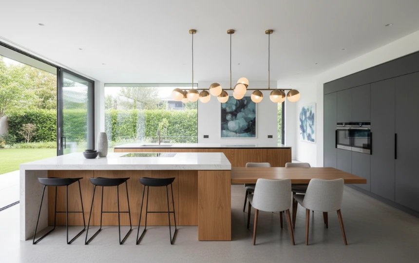 Modern kitchen with oversized island extending to create integrated dining table with mixed height seating