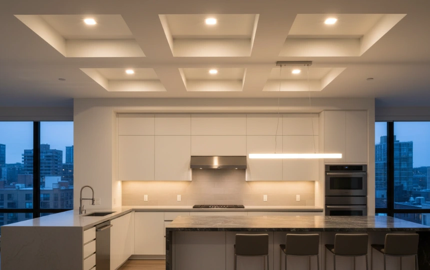 Modern kitchen with planned recessed lighting grid and layered dimming zones
