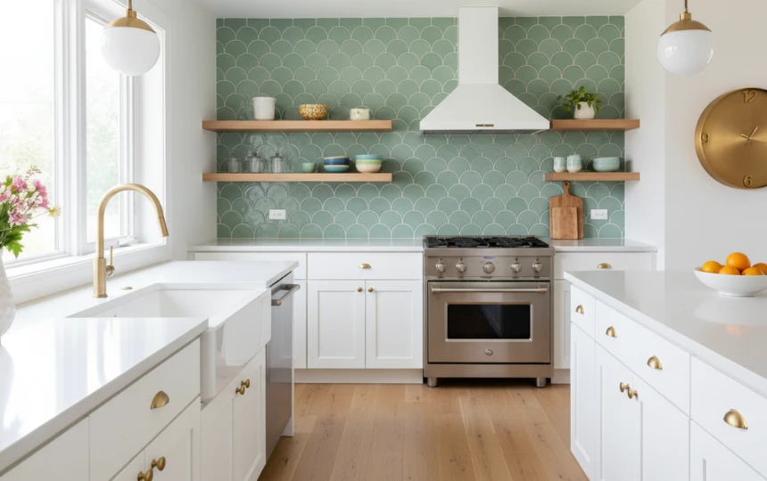 Modern kitchen with sage green scallop fish-scale ceramic tile backsplash and brass fixtures