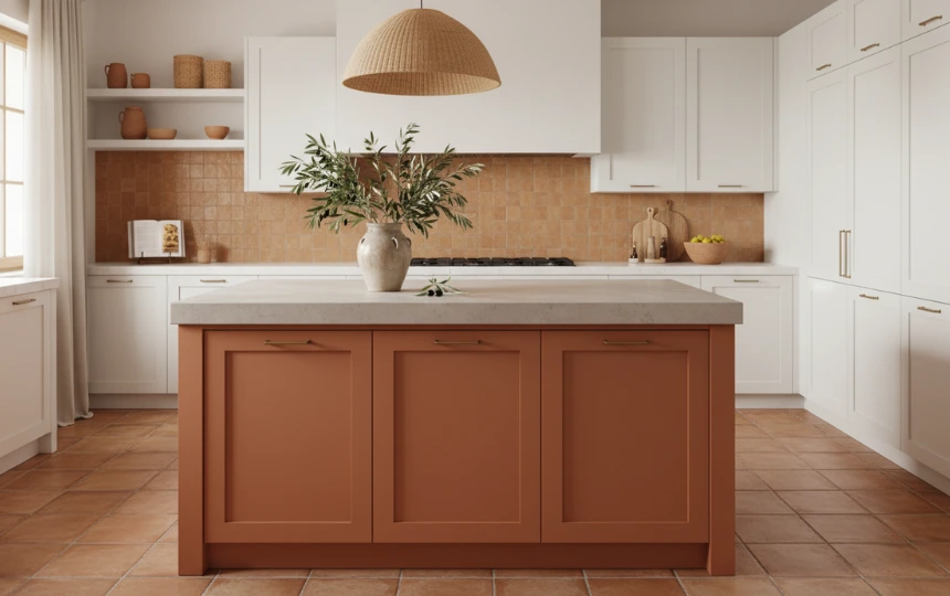 Modern kitchen with terracotta orange island cabinet, warm earthy palette and clay floor tiles
