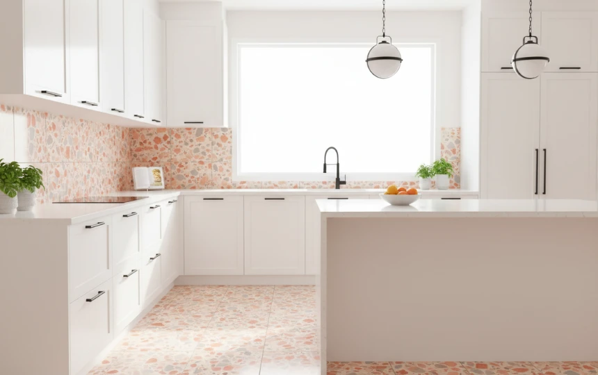 Modern kitchen with terrazzo tile backsplash in cream with pink and grey chips and matching floor tiles