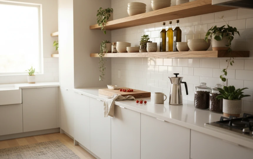 Modern kitchen with thick floating oak open shelves with curated ceramics and kitchen items against white backsplash