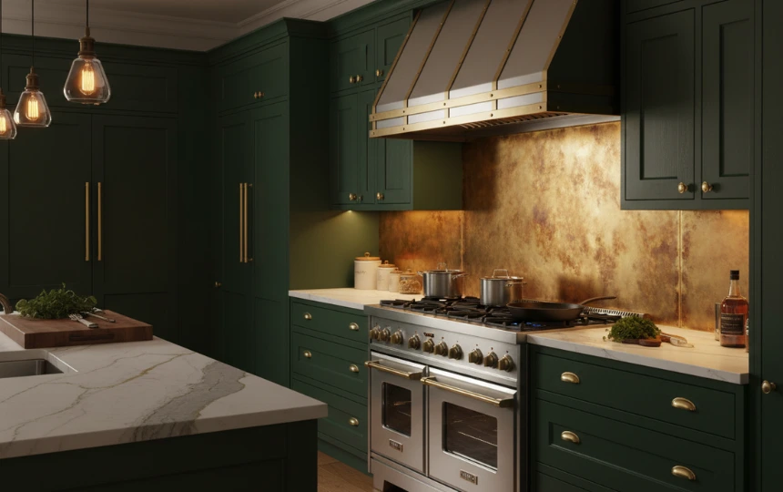 Modern kitchen with unlacquered brass metal backsplash panels behind range, developing warm patina with dark green cabinetry