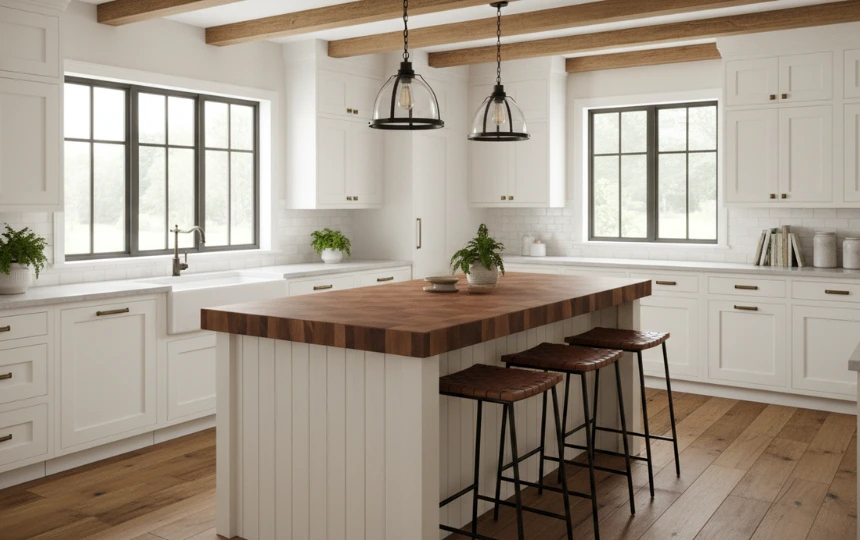Modern kitchen with warm walnut butcher block island top contrasting with white perimeter cabinets and stone countertops