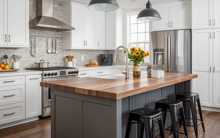 Modern kitchen with white cabinetry and warm walnut butcher block island top