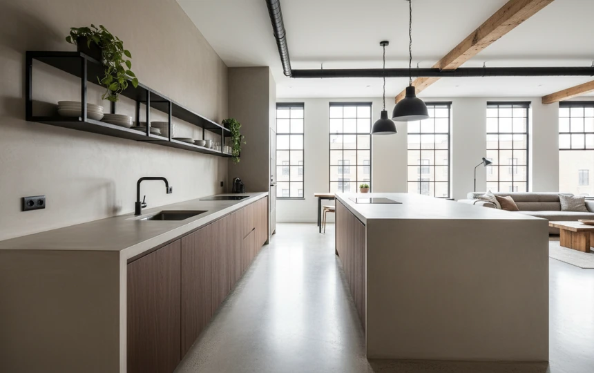 Modern loft kitchen with seamless warm grey microcement backsplash flowing continuously from countertop to wall