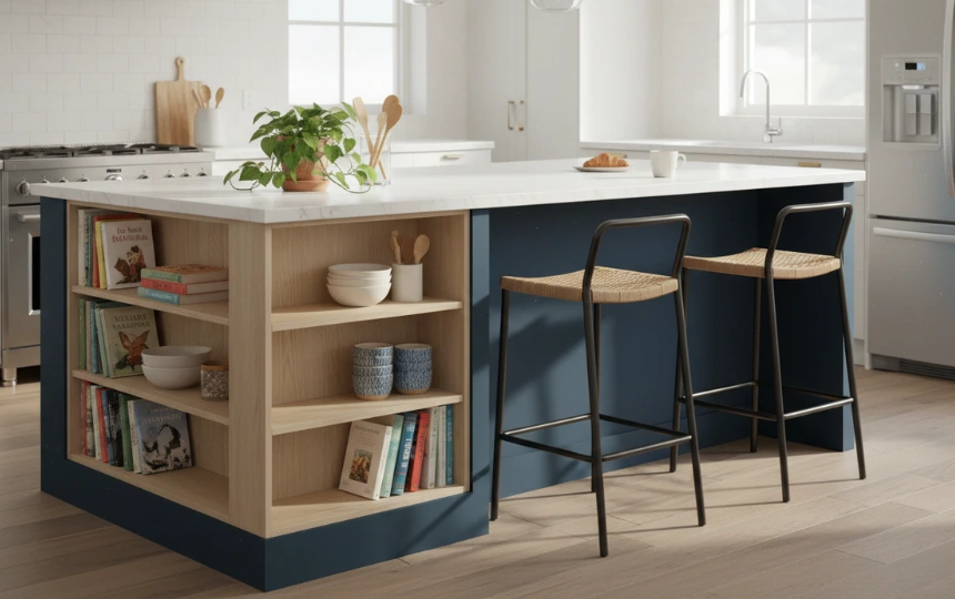 Modern navy kitchen island with open shelving on one side displaying cookbooks and ceramics