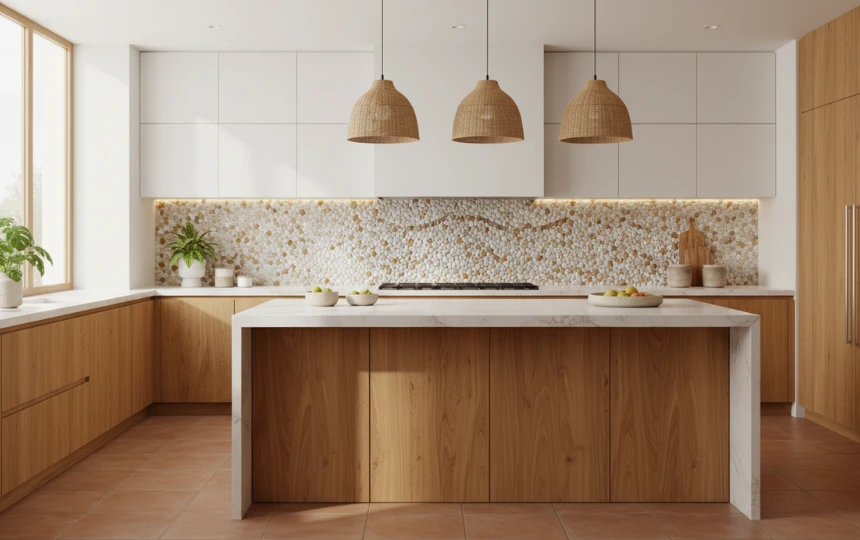 Modern organic kitchen with natural stone mosaic backsplash in travertine earth tones and warm wood cabinetry
