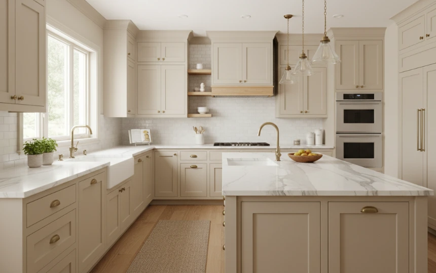 Modern shaker kitchen cabinets in warm off-white with thin profile, aged brass cup pulls and quartz countertops