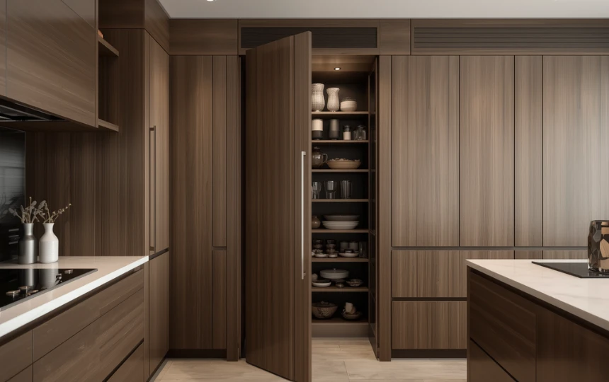Seamless concealed pantry door blending with kitchen cabinetry wall