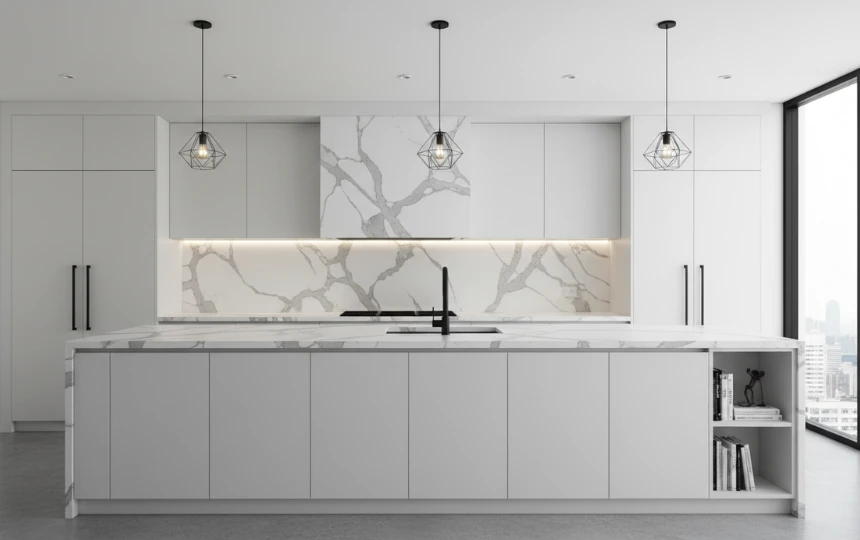Seamless quartz countertop extending as full-height backsplash with no grout lines in modern kitchen