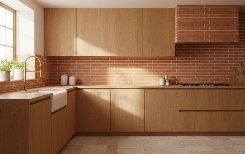 Slim terracotta brick tile kitchen backsplash in stacked horizontal bond with warm Mediterranean kitchen setting