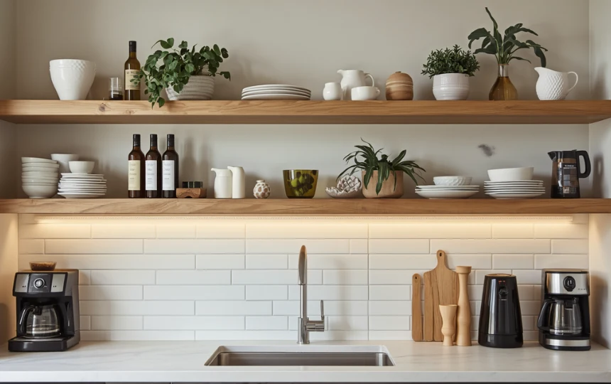 Styled floating oak open shelves in modern kitchen with ceramics and plants