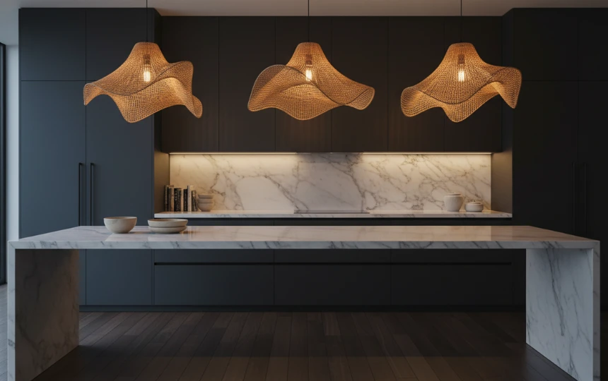 Three large sculptural woven pendant lights at varying heights over kitchen island at dusk