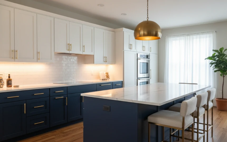 Two-tone kitchen with navy lower cabinets and white uppers separated by white quartz countertop
