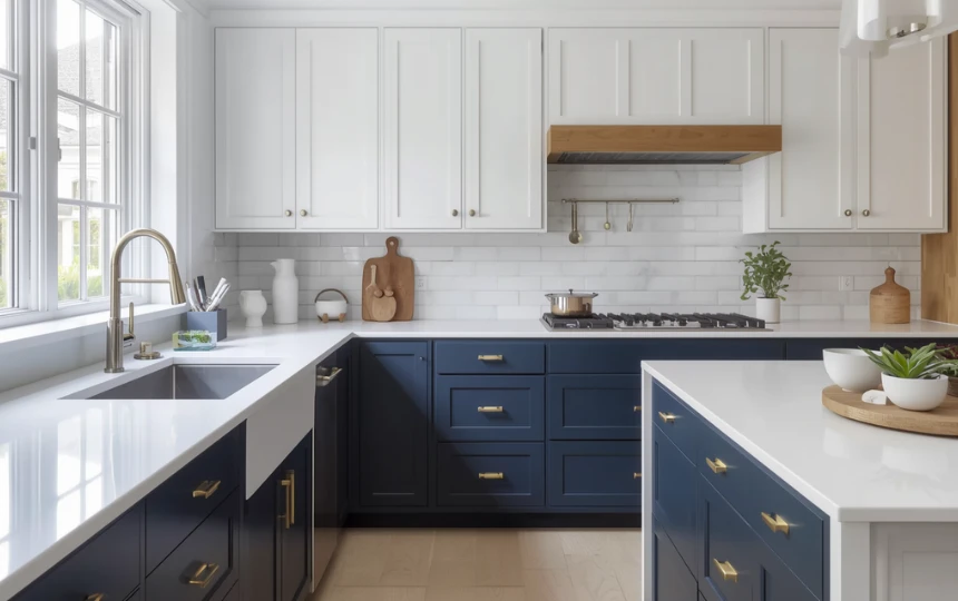 Two-tone modern kitchen with navy lower cabinets and white upper cabinets with brass hardware