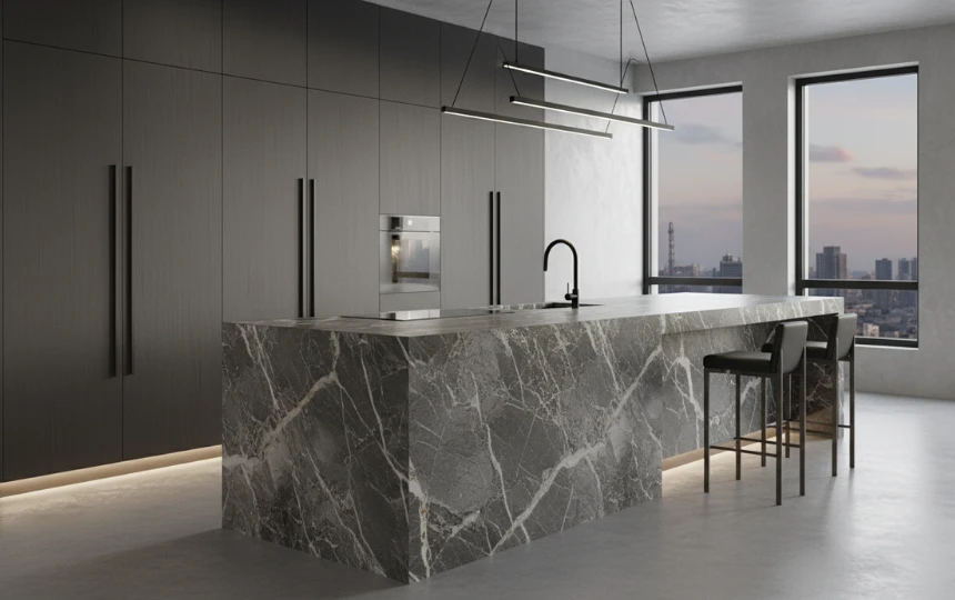 Ultra-minimalist monolithic stone slab kitchen island with sculptural solid block appearance