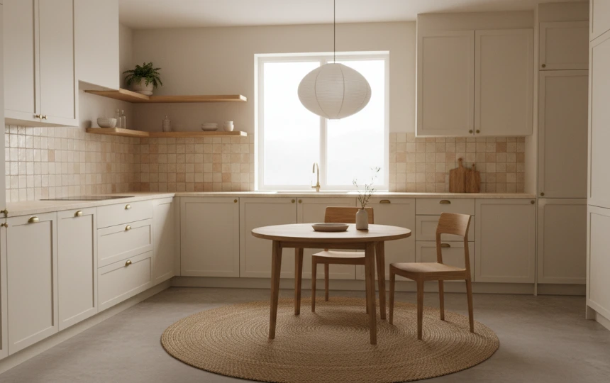 Warm cream off-white kitchen cabinets with aged brass hardware and handmade clay tile backsplash