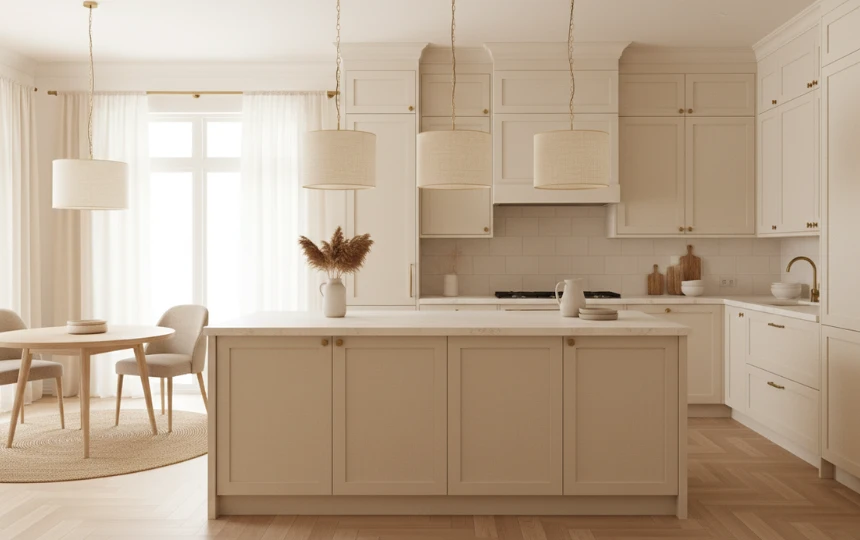 Warm off-white kitchen with linen-toned cabinets, aged brass hardware creating a softer minimalist look