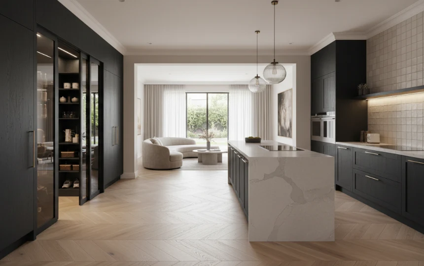 Wide plank white oak herringbone floor in modern kitchen transitioning seamlessly to living area