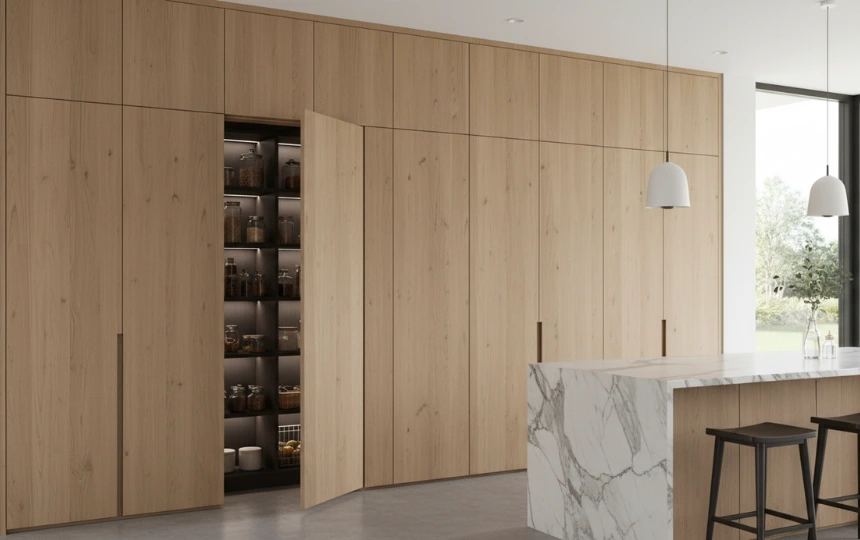 modern kitchen with seamless hidden pantry door integrated into floor to ceiling cabinetry wall
