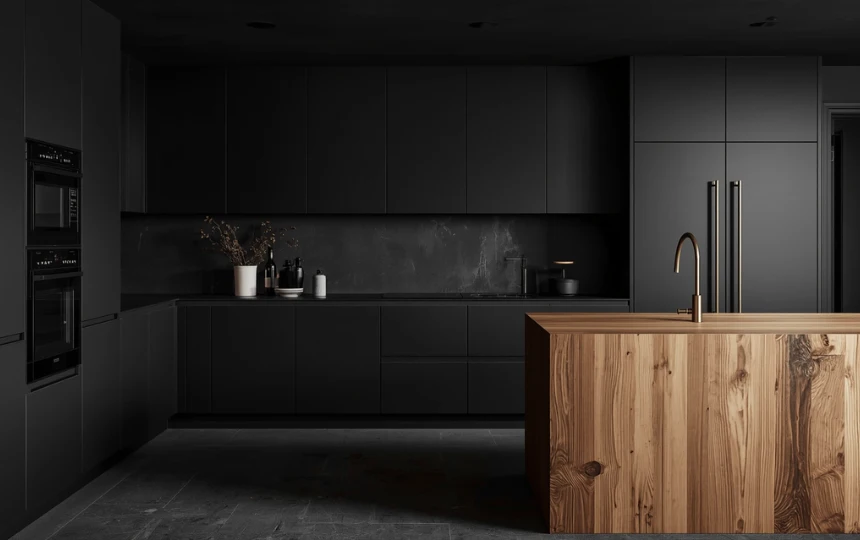 Dramatic all-black matte kitchen with warm wood island contrast and aged brass fixtures in moody atmosphere