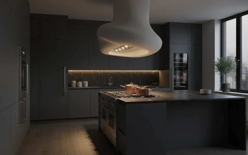 Dramatic sculptural plaster range hood with integrated downlights as focal point in moody modern kitchen