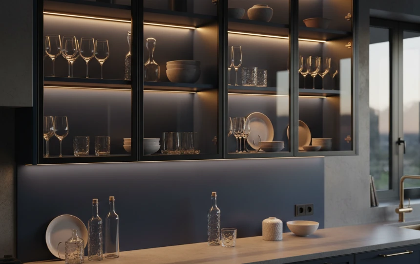 Glass front kitchen cabinets glowing from within with LED lighting showing curated glassware in jewel box effect