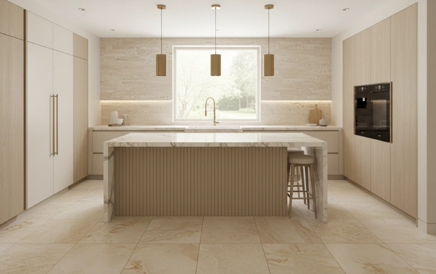 Luxury modern kitchen with honed limestone natural stone floor tiles in warm cream tones