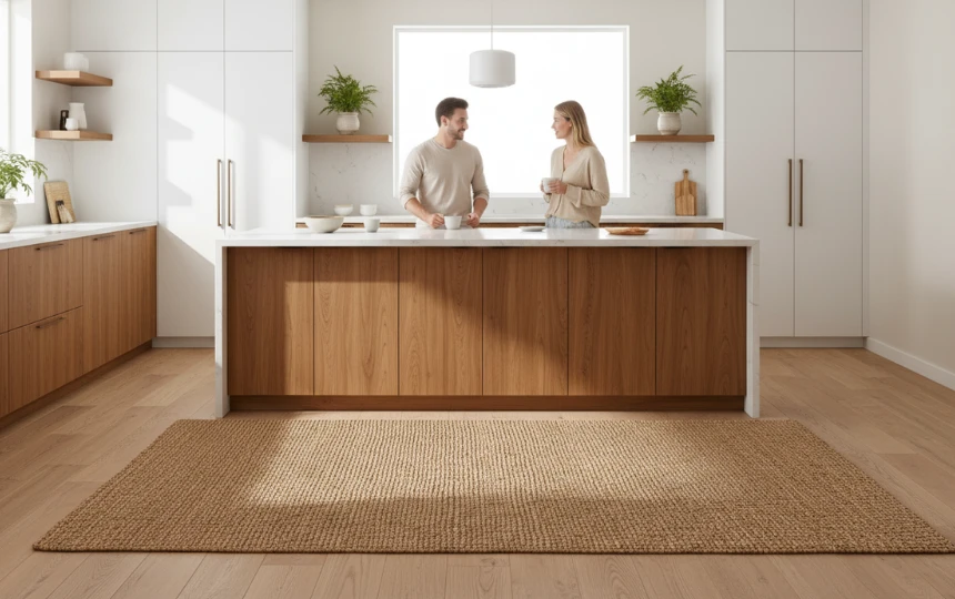 Modern Japandi kitchen with large natural jute rug in warm honey tone in front of kitchen island