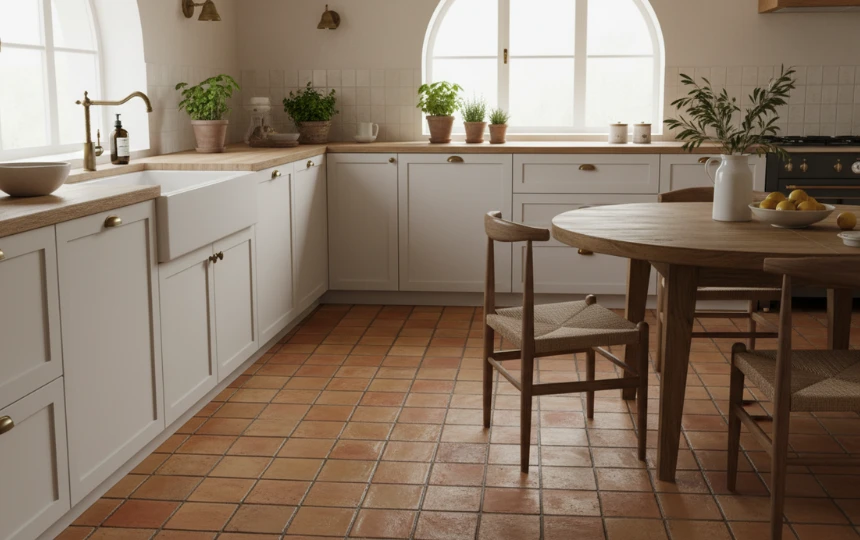 Modern Mediterranean kitchen with handmade terracotta clay floor tiles and warm earthy tones