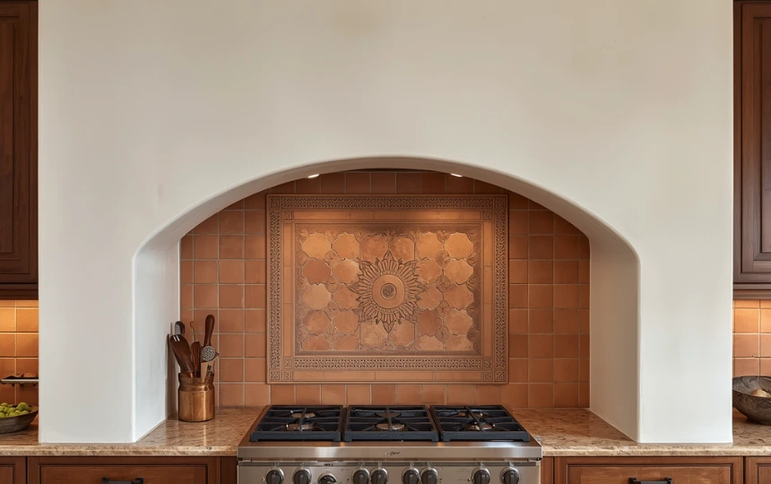 Modern Mediterranean kitchen with rounded arched plaster range hood integrated into tiled alcove