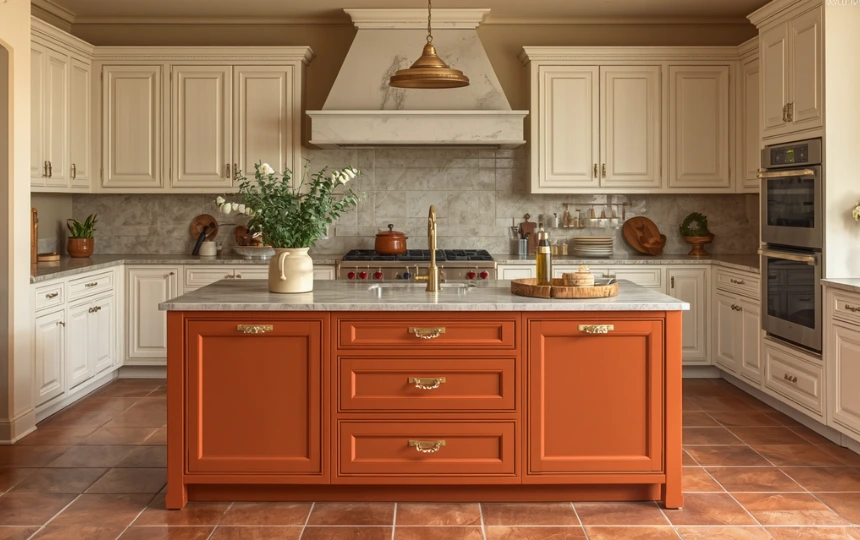 Modern Mediterranean kitchen with terracotta painted island against white perimeter cabinets and matching terracotta floor tiles