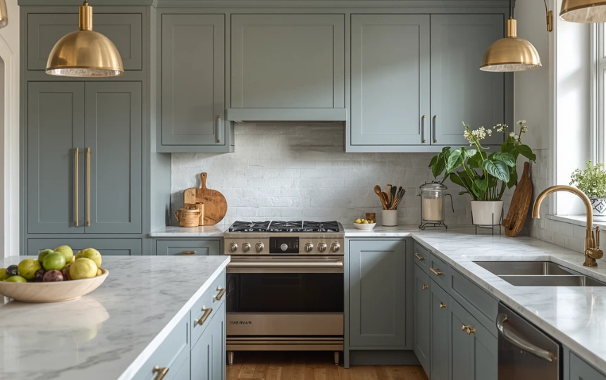 Modern Scandi farmhouse kitchen with soft dusty blue grey cabinets, aged brass hardware and warm white countertops