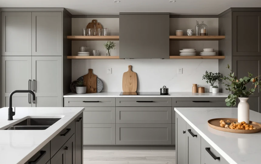 Modern Scandi kitchen with warm medium grey cabinets, white oak shelves, white countertops and matte black hardware