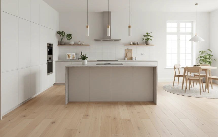 Modern Scandinavian kitchen with engineered white oak wood flooring indistinguishable from solid hardwood