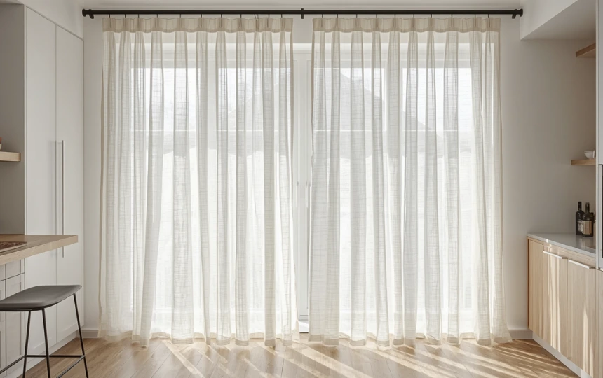 Modern Scandinavian kitchen with floor-length sheer ivory linen curtain panels softening natural light
