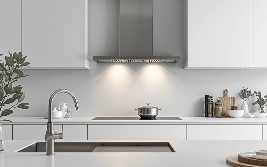 Modern Scandinavian kitchen with slim brushed stainless steel flat canopy hood integrated into white cabinetry