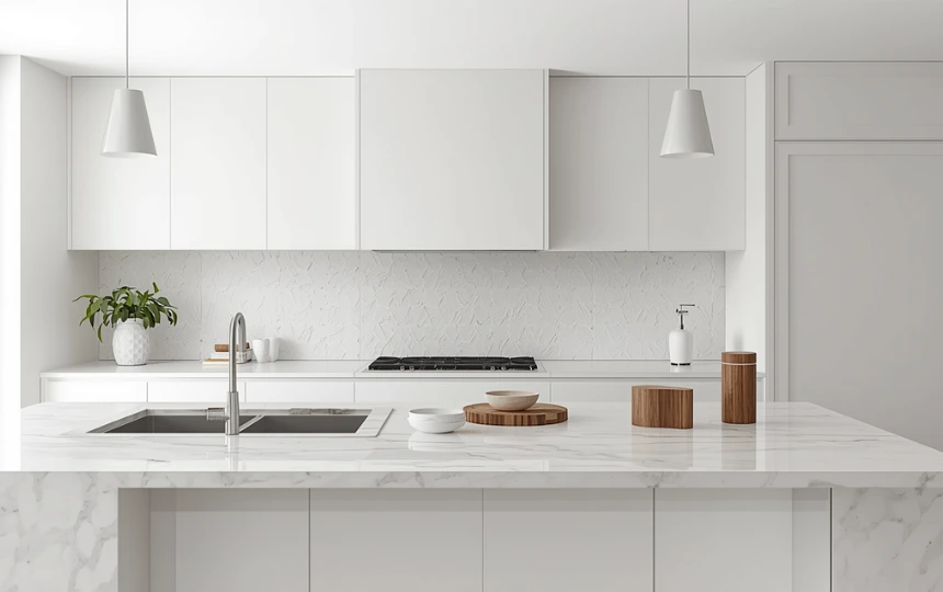 Modern all-white kitchen with tone-on-tone materials including matte cabinets, marble countertops and textured white tile