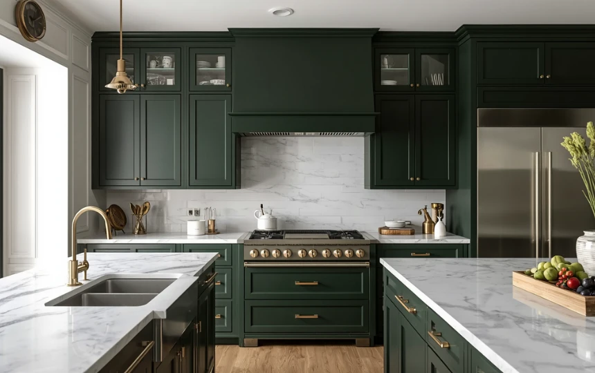 Modern classic kitchen with deep racing bottle green cabinets, brass hardware and white marble countertops
