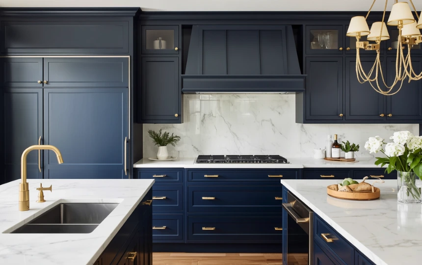 Modern classic kitchen with rich navy blue cabinets, brass hardware and white marble countertops high contrast
