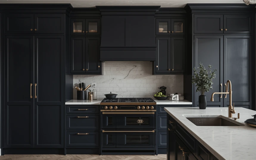 Modern dramatic kitchen with inky deep blue-black cabinets, brass hardware and light stone countertops