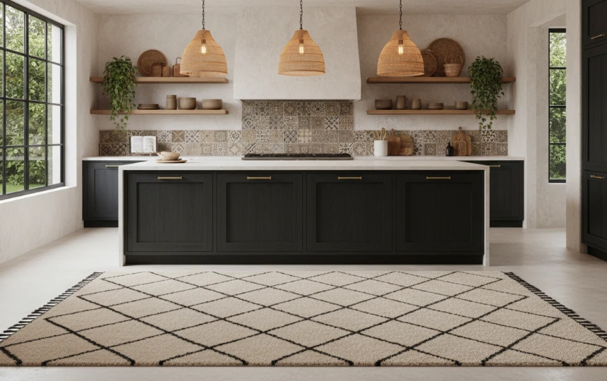 Modern eclectic kitchen with Beni Ourain style cream and black diamond pattern rug in front of island