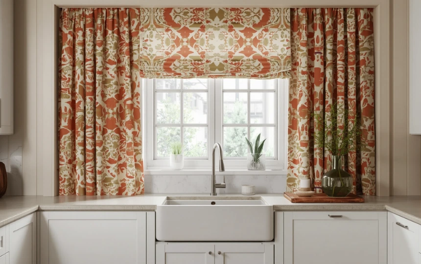 Modern eclectic kitchen with bold botanical printed curtains in terracotta and cream as window focal point