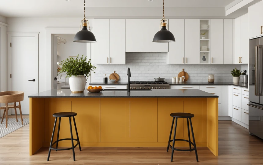 Modern eclectic kitchen with warm ochre mustard island cabinets, white uppers and matte black hardware